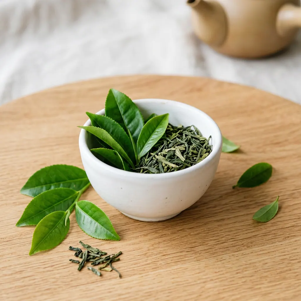 Fresh green tea leaves in ceramic bowl - green tea extract traditionally used