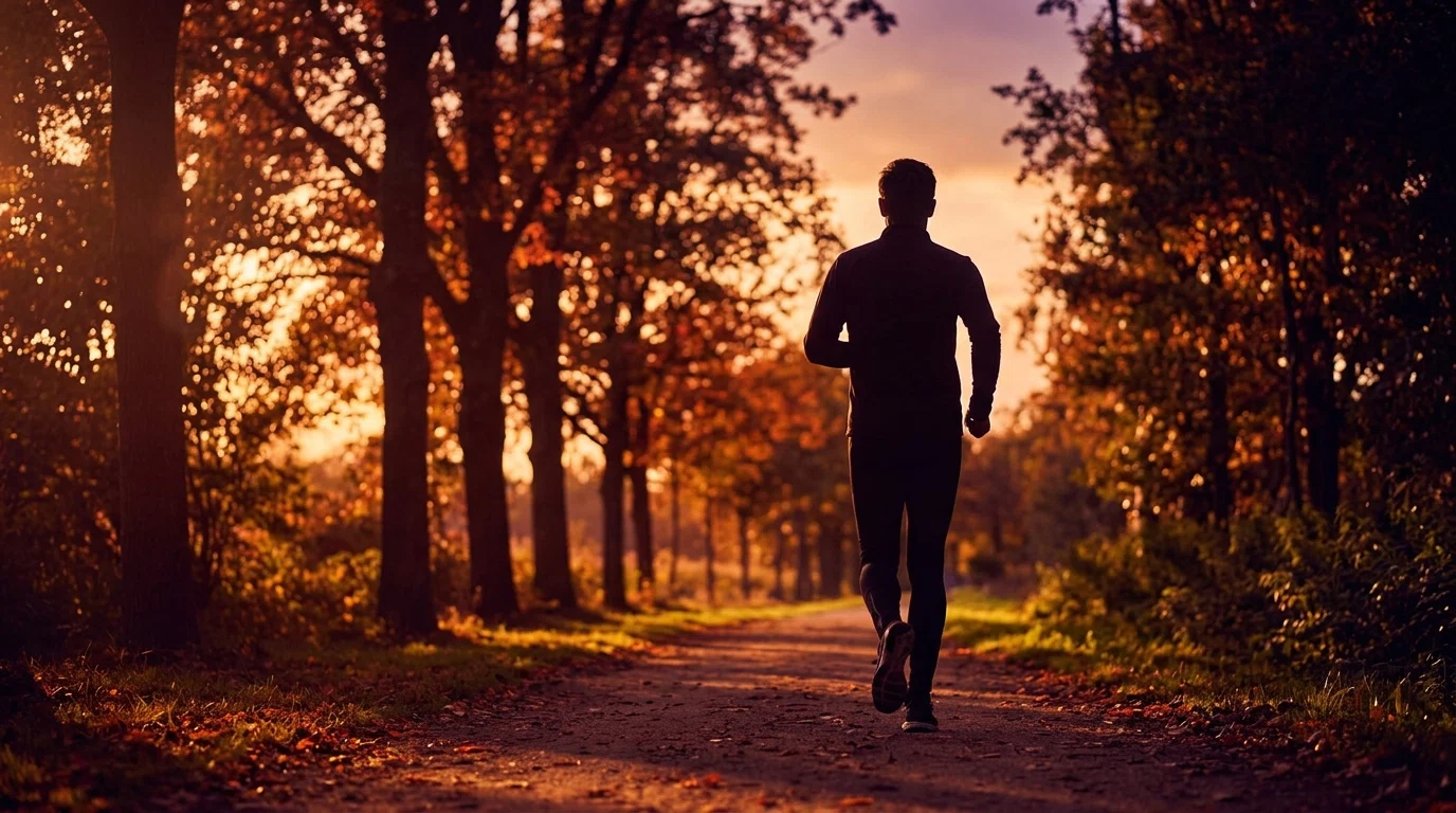 Anonymous person walking briskly along a tree-lined path at golden hour, seen from behind