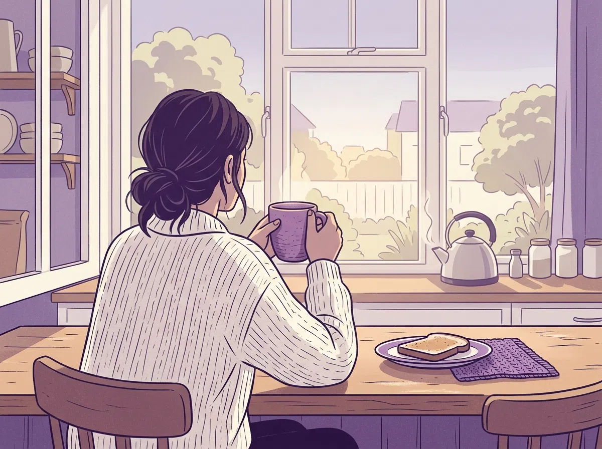 Person sitting by a bright window with a warm morning drink, seen from behind