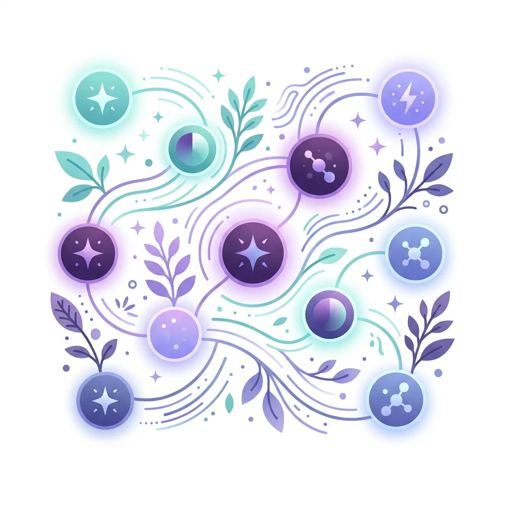 Abstract illustration of energy metabolism: glowing circular icons connected by gentle flowing lines with botanical leaf motifs